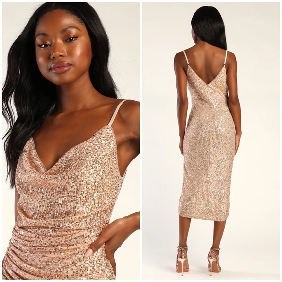 LULU’S Glamorous Arrival Rose Gold Sequin Midi Tulip Dress - Picture 2 of 13